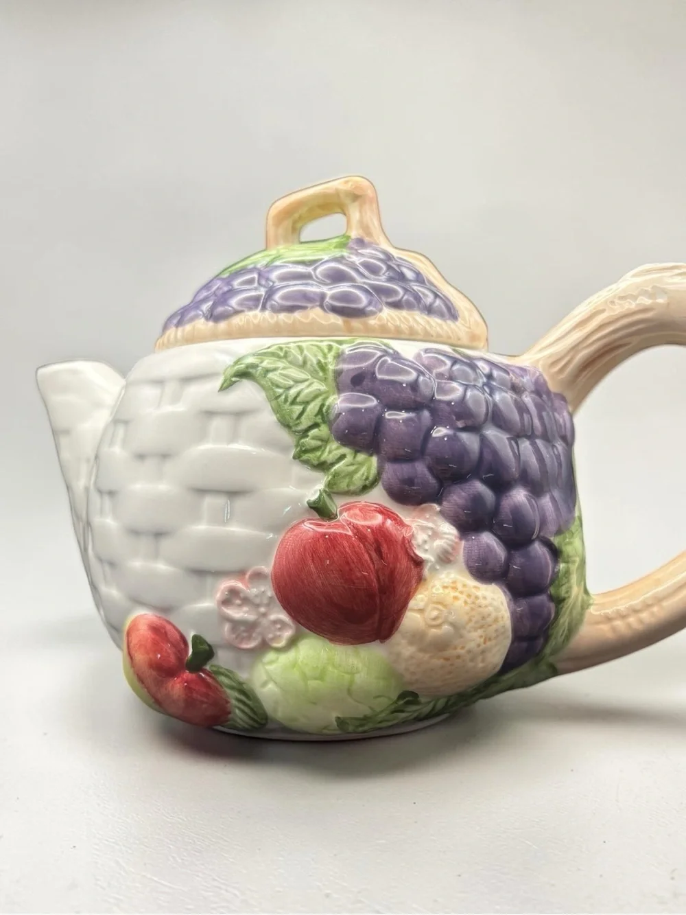 Vintage 1994 CKAO Ceramic Basket Weave W/ Fruit Design Tea Pot W/ Lid 7” Tall